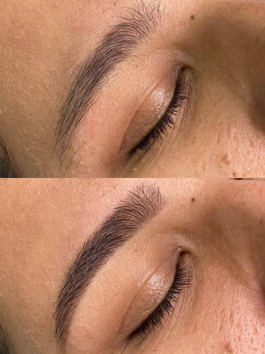 Resultado de uma aplicação de henna na sobrancelha para dar volume e corrigir falhas, serviço do Ateliê SF Beauty.